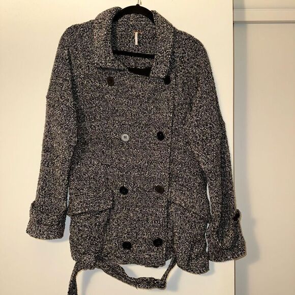 Free People Womens Wool Blend Knit Belted Peacoat Small FLAWED - Picture 1 of 14